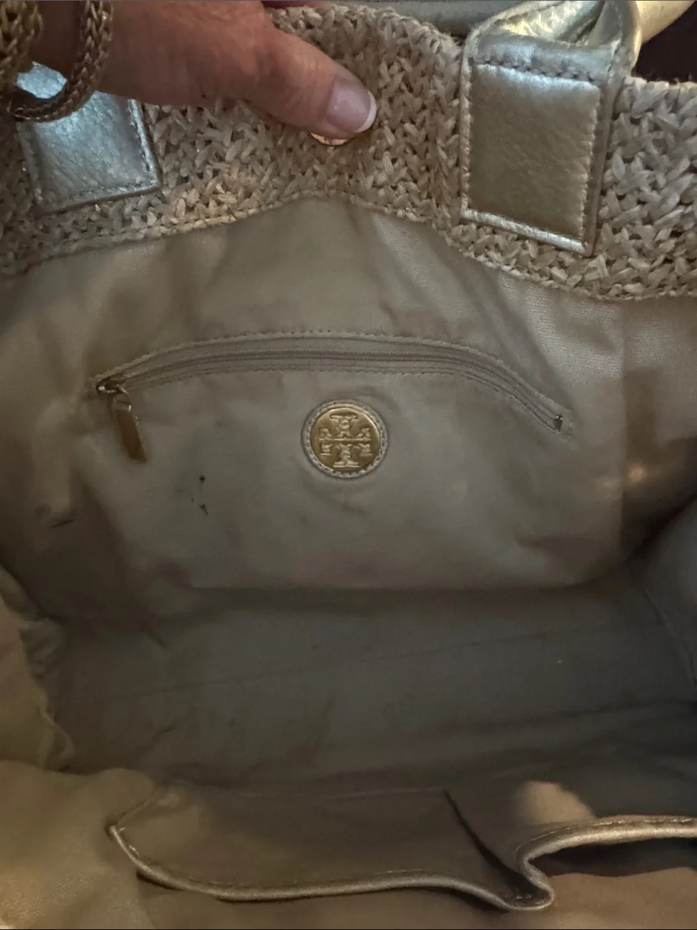 Tory Burch Neutral Straw Tote with Gold Trim